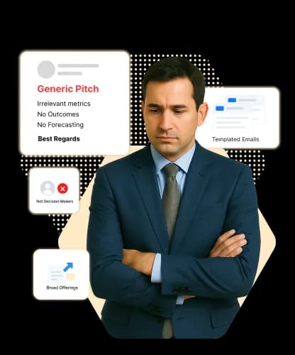 A generic outreach pitch with irrelevant metrics, no outcomes, and no forecasting, sent as a templated email to the wrong persona
