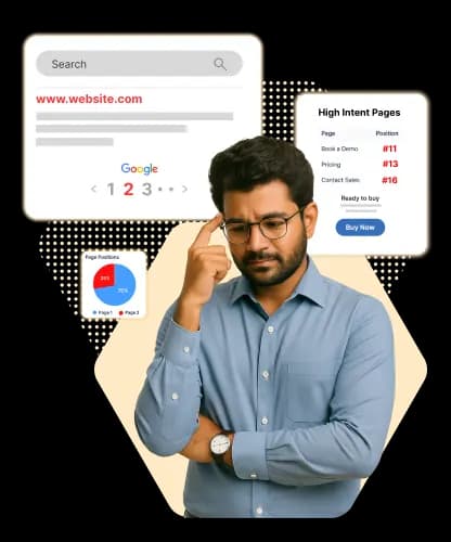 A high-intent commercial page stuck on page 2 of search results while competitor page positions and traffic split are tracked