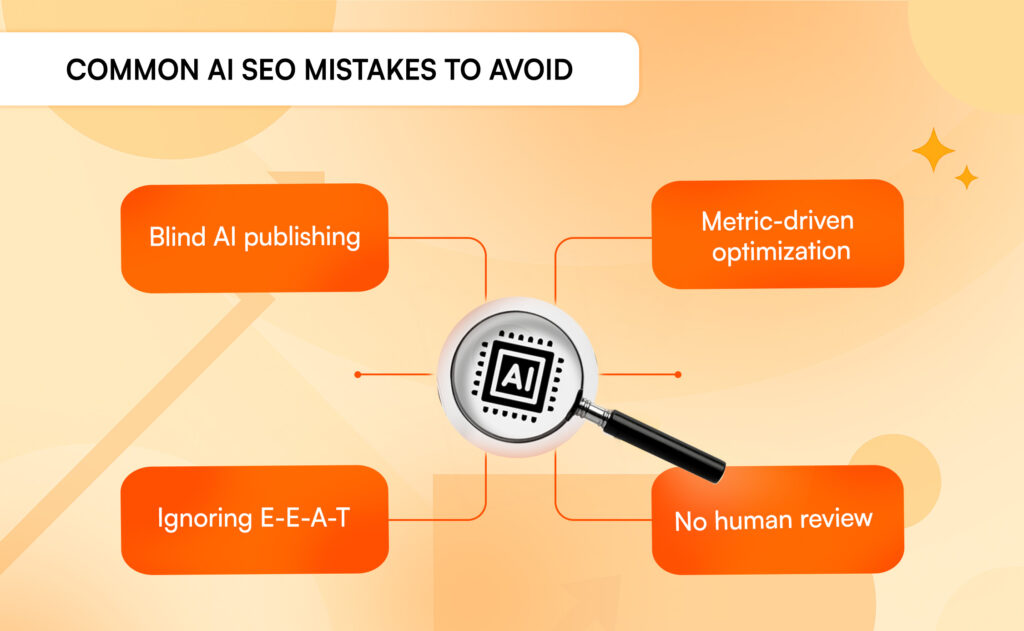 Common AI SEO mistakes including blind AI publishing, ignoring E-E-A-T, and lack of human review