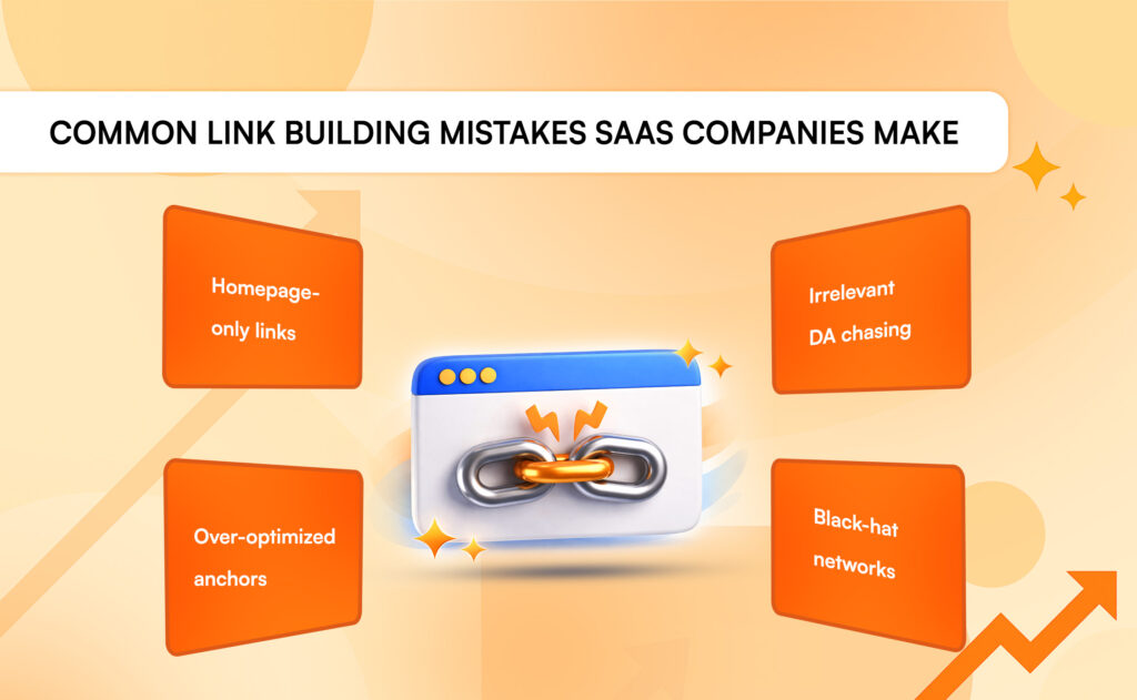 Common link building mistakes in SaaS: homepage-only links, over-optimized anchors, and black-hat networks.