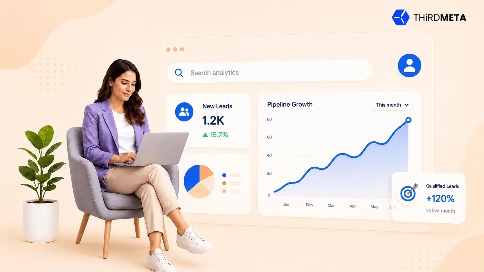 Business professional using a laptop with an SEO analytics dashboard showing lead growth, pipeline performance, and qualified lead metrics, representing SaaS SEO agency alternatives and growth strategy.