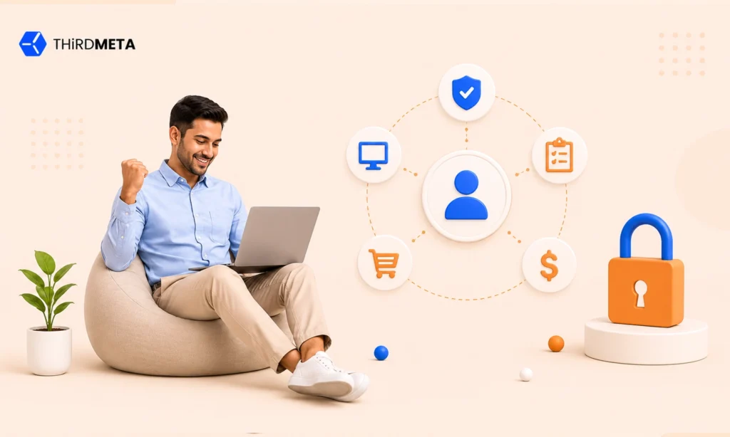 Cybersecurity marketing agency illustration with secure sales funnel, firewall protection, and enterprise pipeline growth