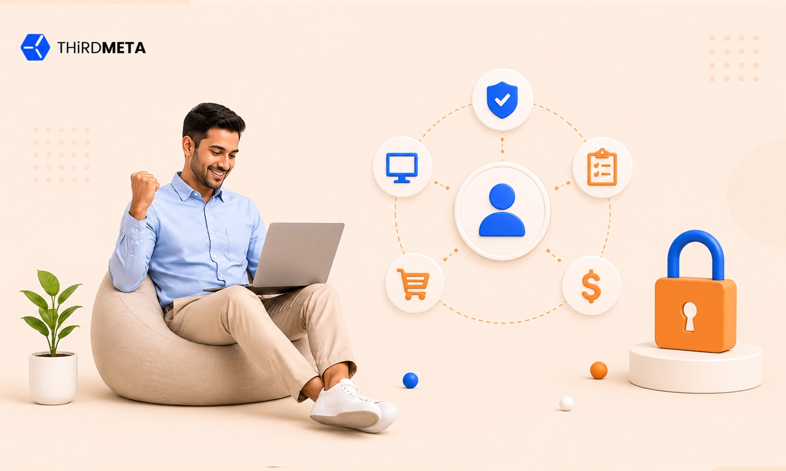 Cybersecurity marketing agency illustration with secure sales funnel, firewall protection, and enterprise pipeline growth