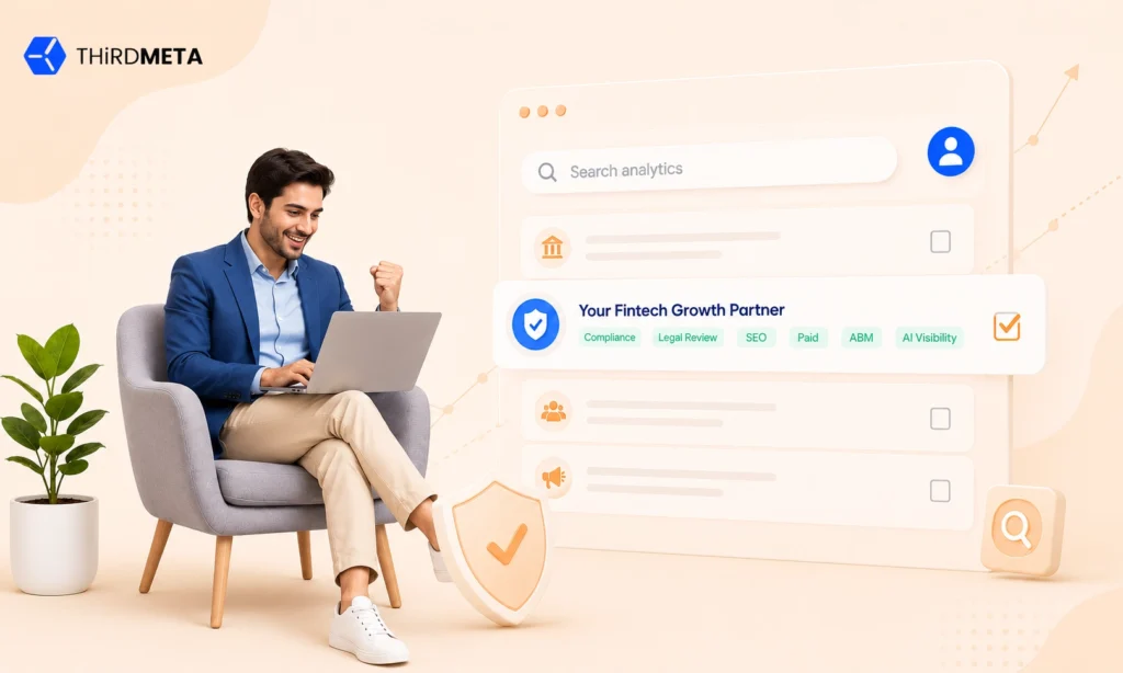 Fintech marketing agency illustration showing compliance-first partner selection with legal review, SEO, paid media, ABM, and AI visibility